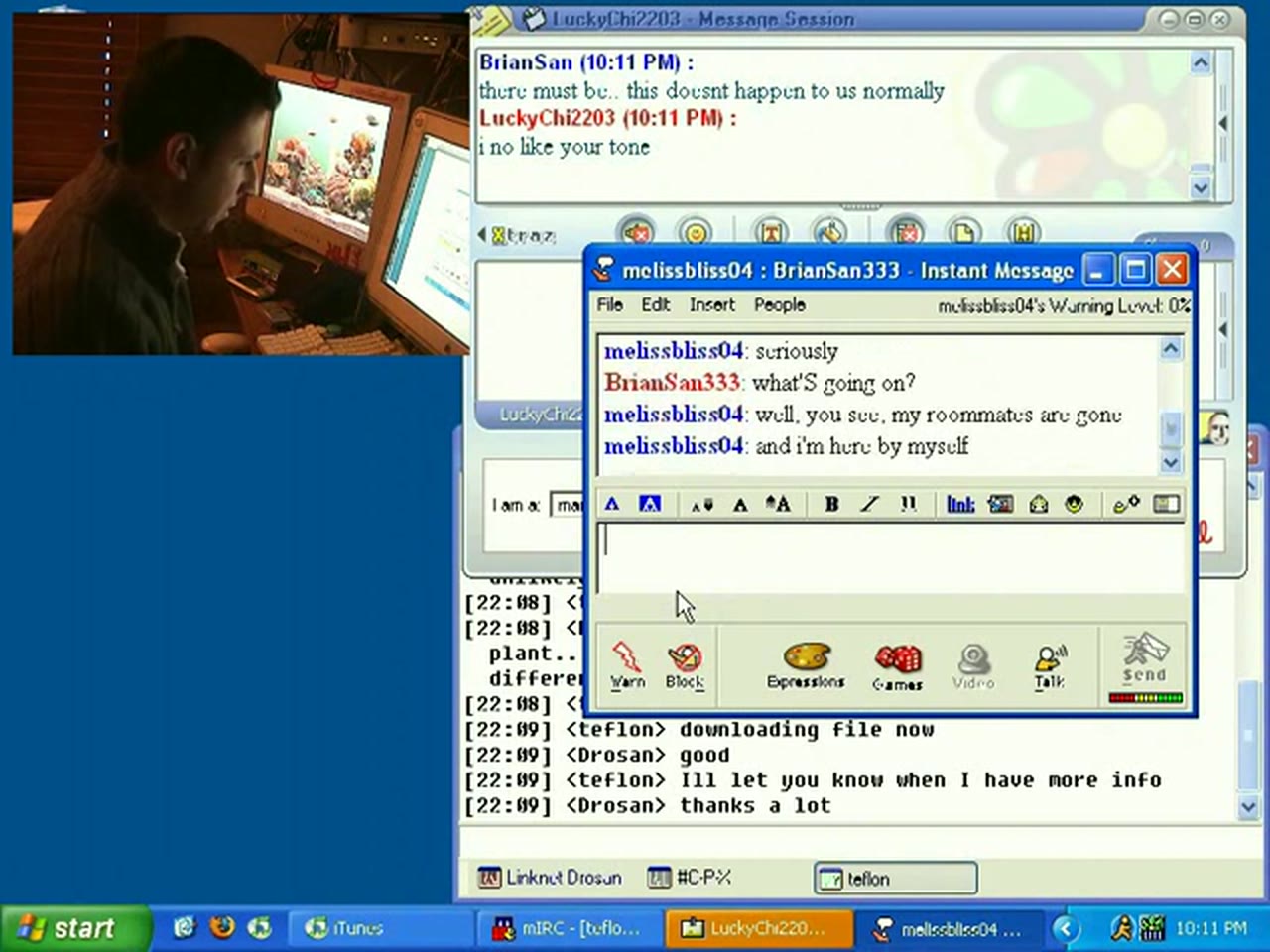 Episode 3 — the LuckyChi2203 window reading "i no like your tone", with Melissa's AIM window in front: "my roommates are gone" / "and i'm here by myself"