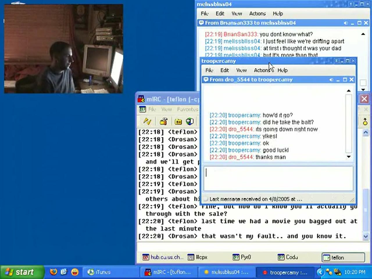 Episode 7 — three windows: Melissa's AIM ("I just feel like we're drifting apart"), troopercamy and dro_5544 ("did he take the bait?" … "thanks man"), and teflon's mIRC query
