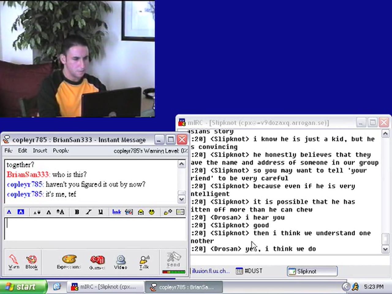 Episode 12 — an AIM window from copleyr785 to BrianSan333: "haven't you figured it out by now?" / "it's me, tef", beside slipknot's mIRC query