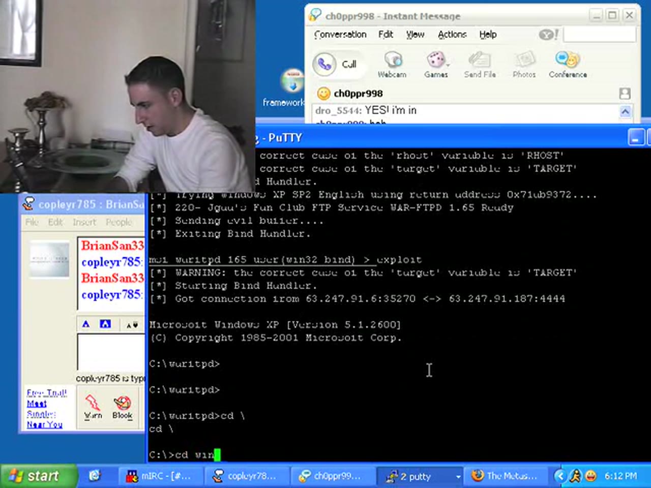 Episode 13 — a PuTTY window showing a Metasploit session returning a Windows command prompt on 63.247.91.187