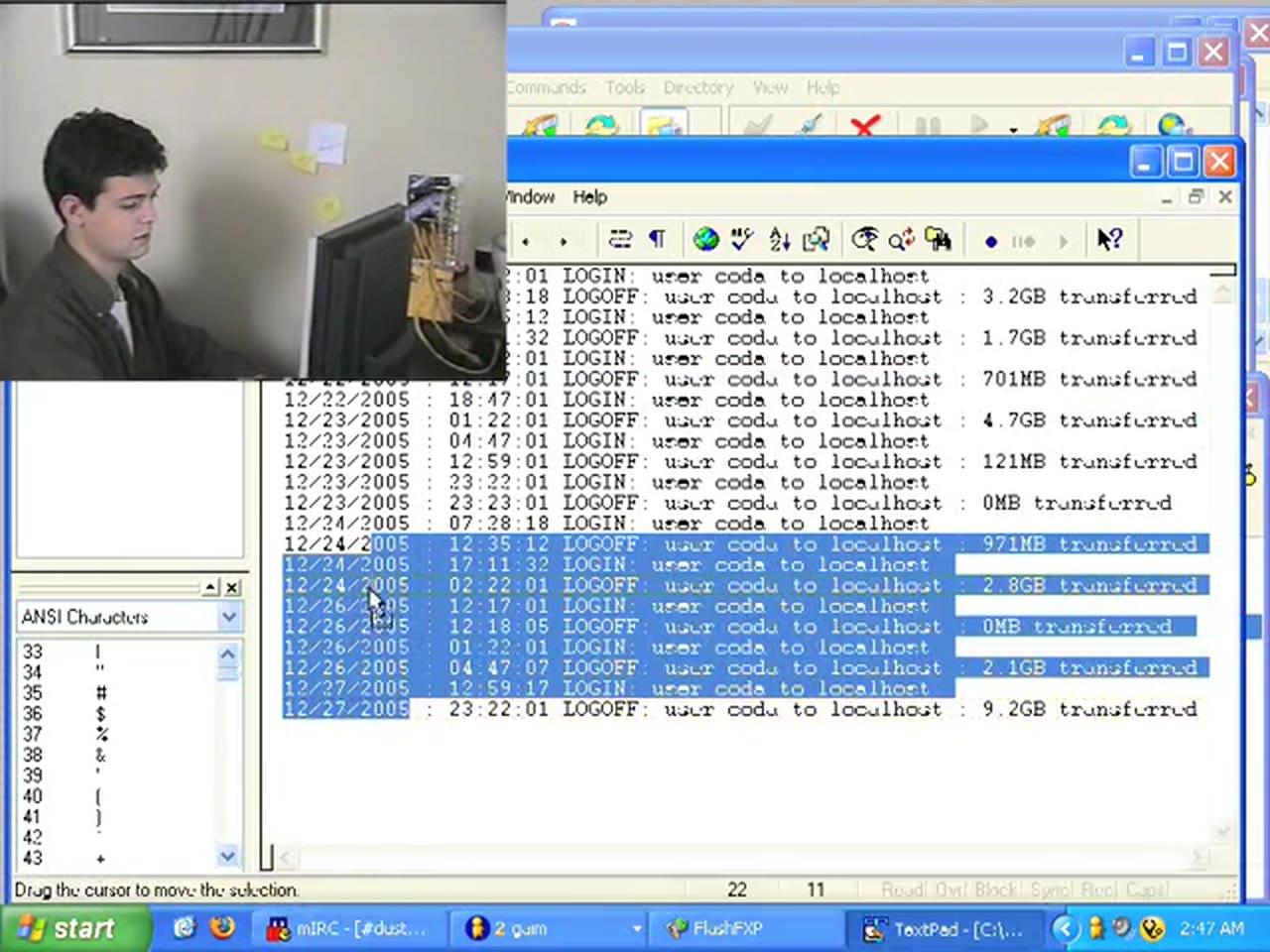 Episode 16 — an FTP server log showing repeated logins by user coda, the Christmas-week entries selected
