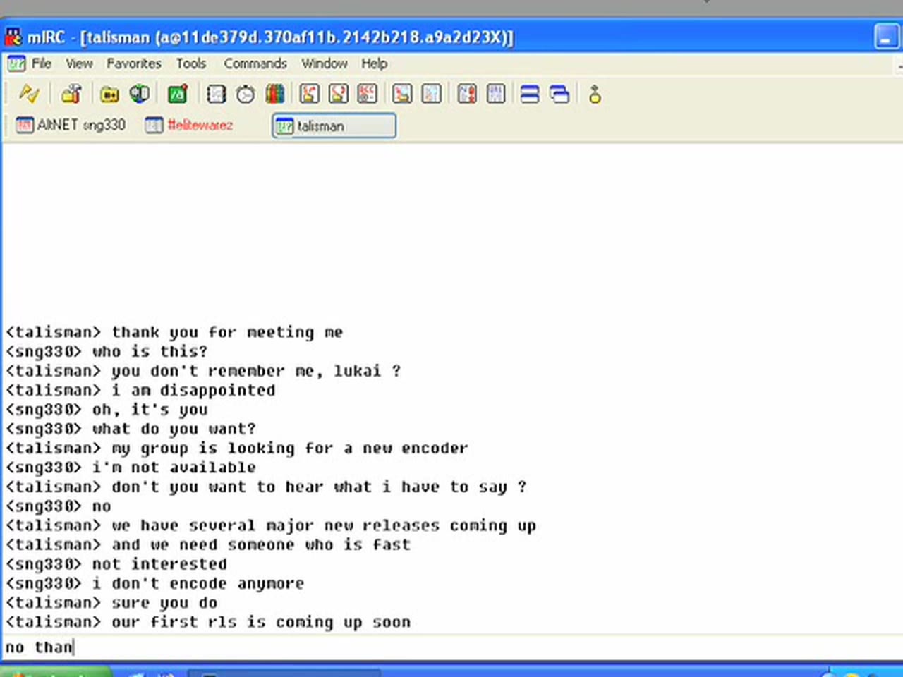 Episode 1 — an mIRC window on AlNET, tabs for #elitewarez and a private query with talisman, who is recruiting sng330