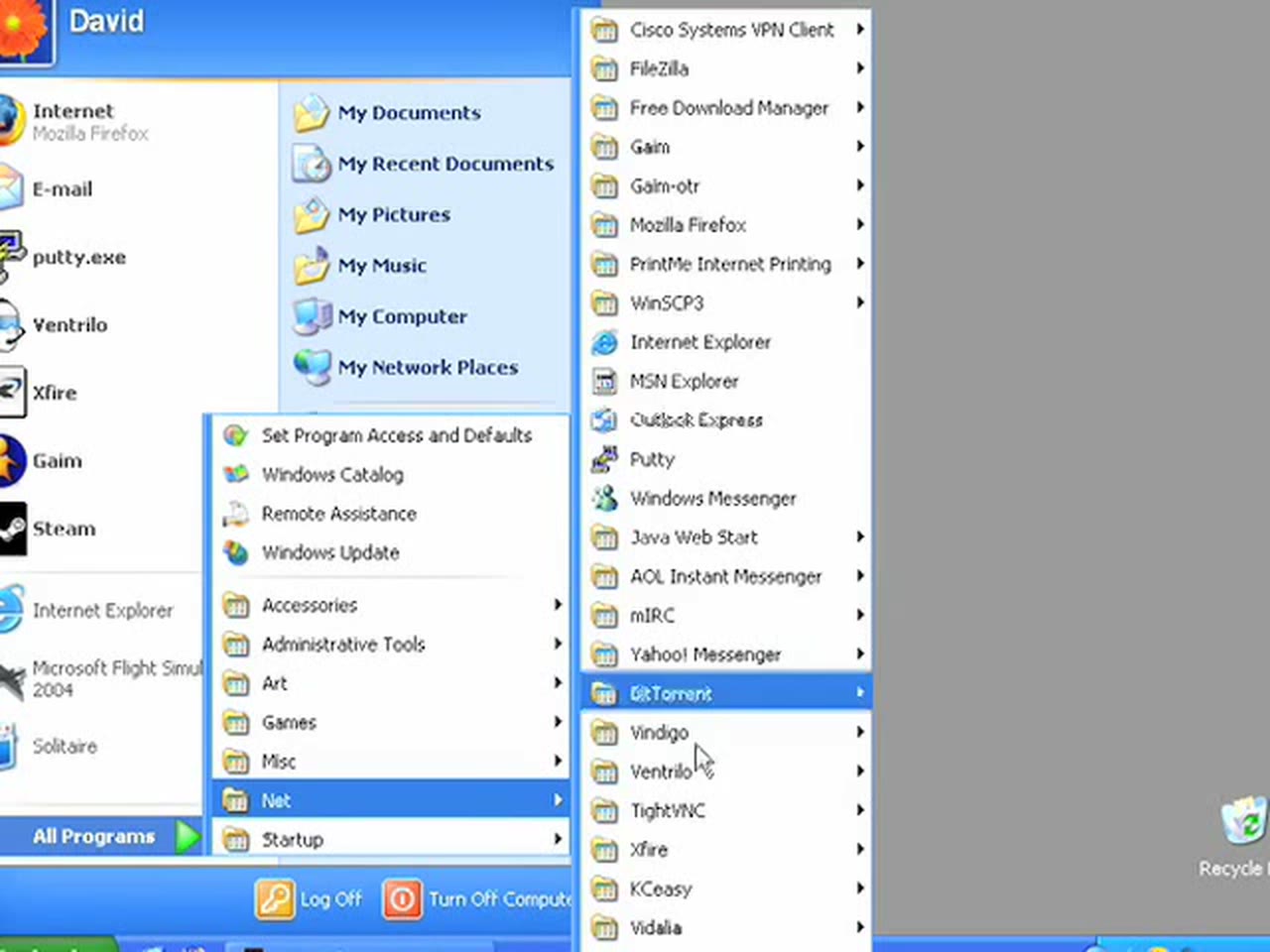 Episode 1 — a Windows XP Start menu logged in as David, listing Gaim, Gaim-otr, mIRC, Putty, WinSCP3, TightVNC and Vidalia