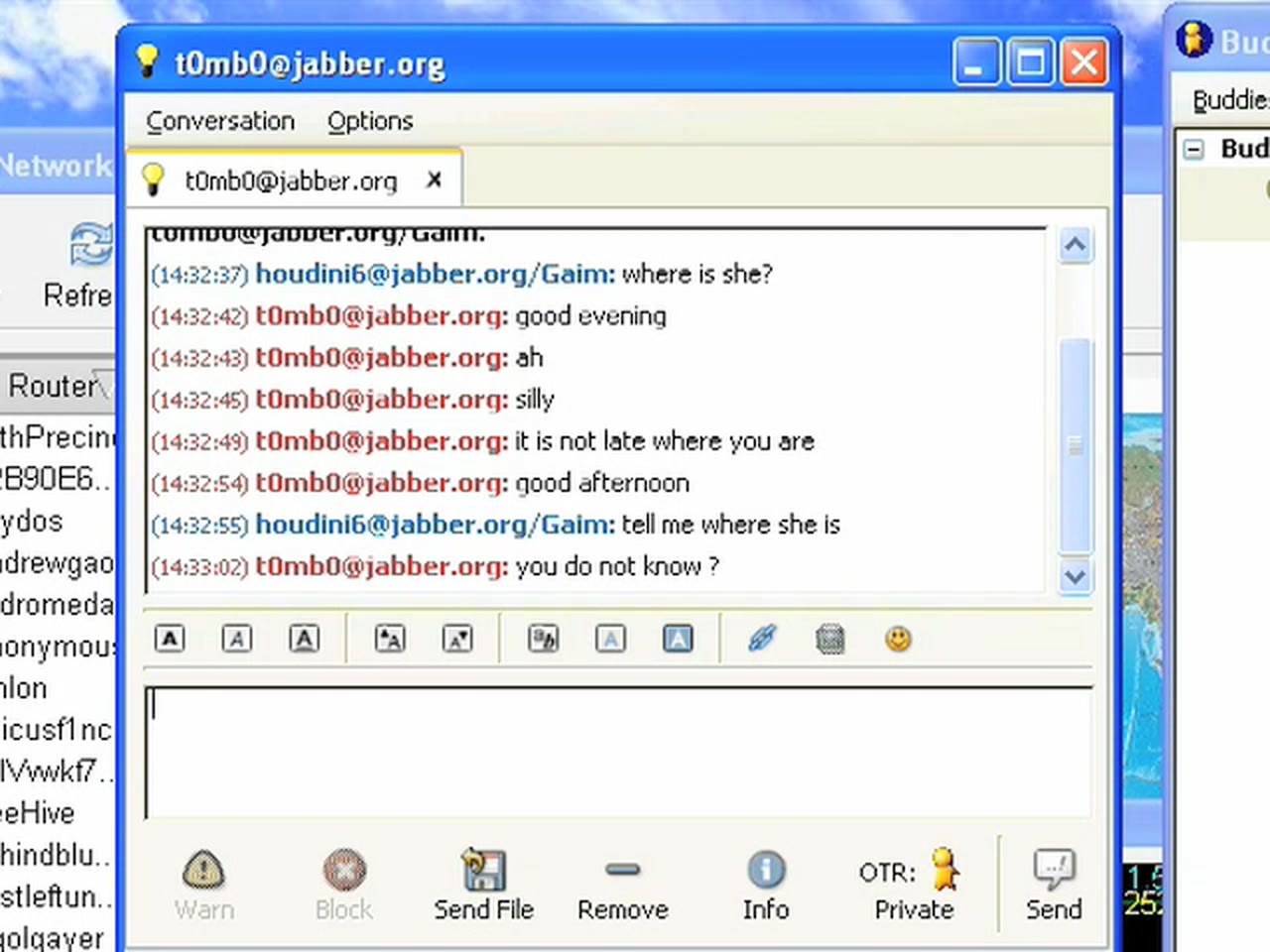 Episode 2 — a Gaim window with t0mb0, timestamped, in which houdini6 asks "where is she?" and "tell me where she is"