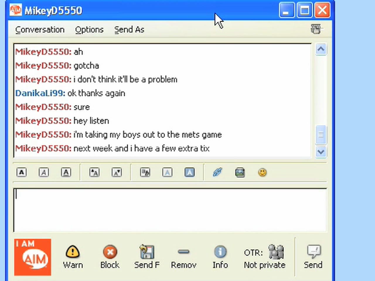 Episode 6 — an AIM window with MikeyD5550 inviting DanikaLi99 to a Mets game