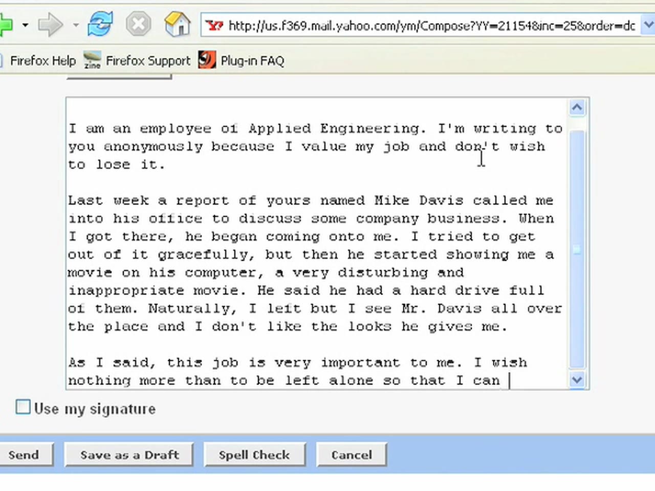 Episode 9 — a Yahoo Mail compose window containing an anonymous complaint accusing Mike Davis of harassment