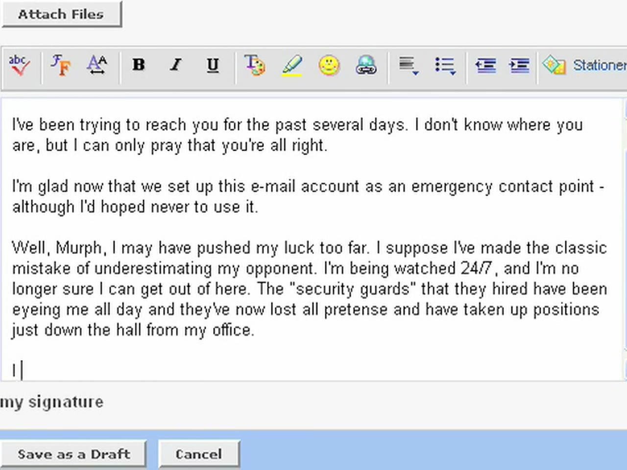 Episode 16 — a Yahoo Mail compose window containing a long letter to Murph about being watched