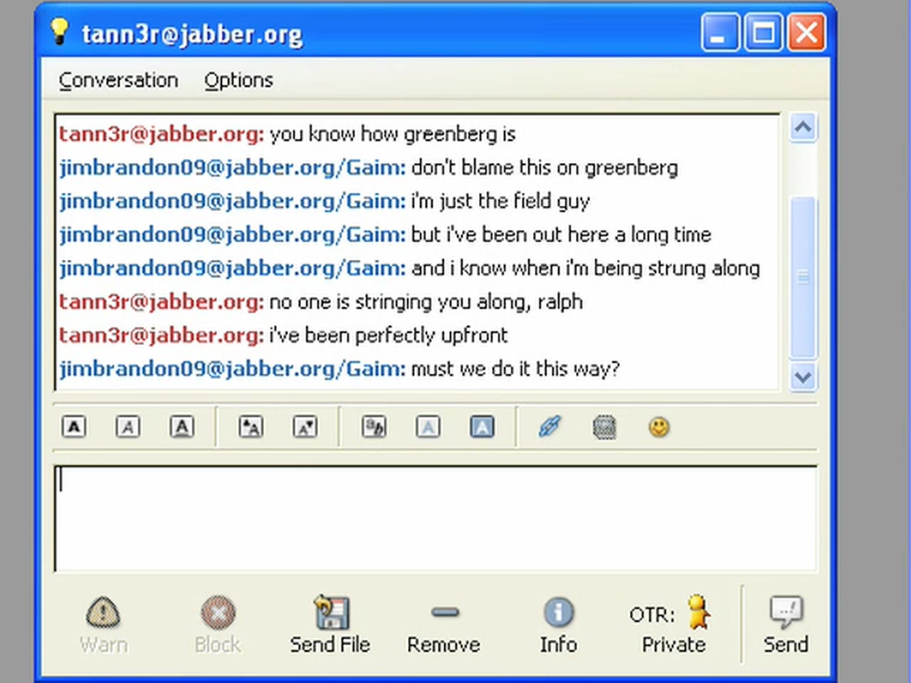 Episode 17 — a Gaim window in which tann3r tells jimbrandon09 "no one is stringing you along, ralph"