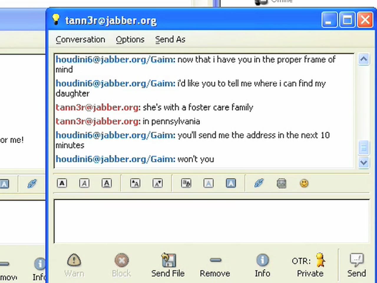 Episode 20 — a Gaim window in which tann3r says Katerina is with a foster care family in pennsylvania
